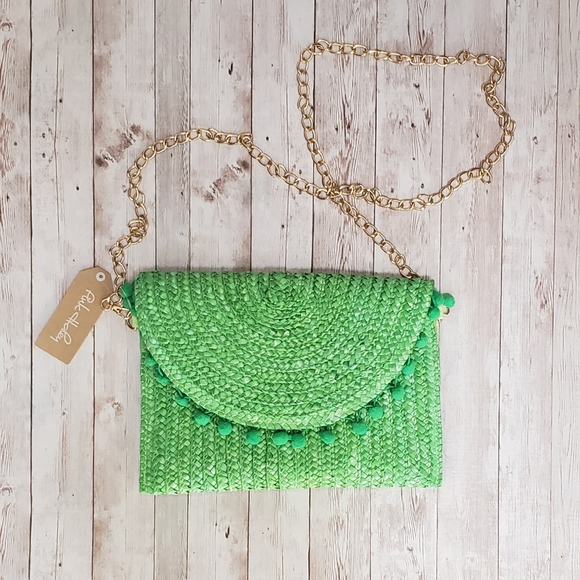 Pink Haley Handbags - Pink Haley green pom clutch